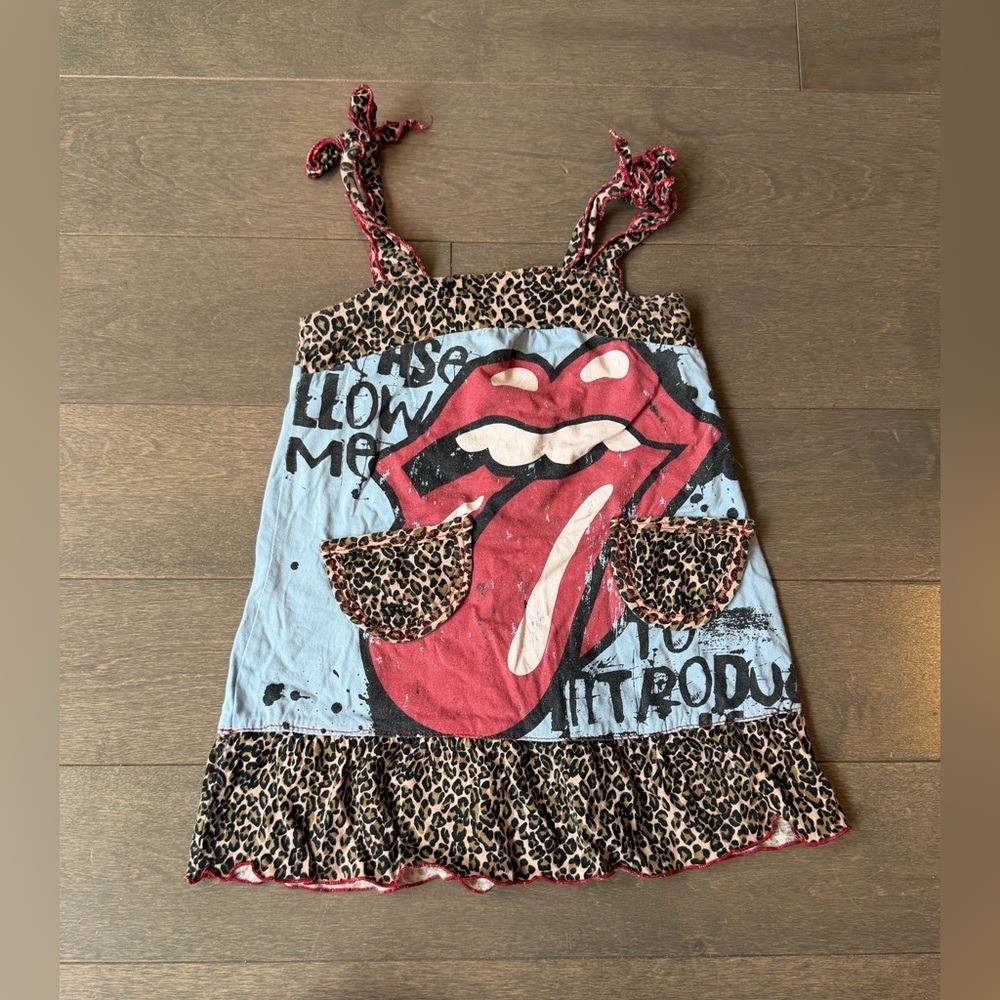 Kaos Blue Tank Dress with Red Tongue Graphic and Leopard Trim